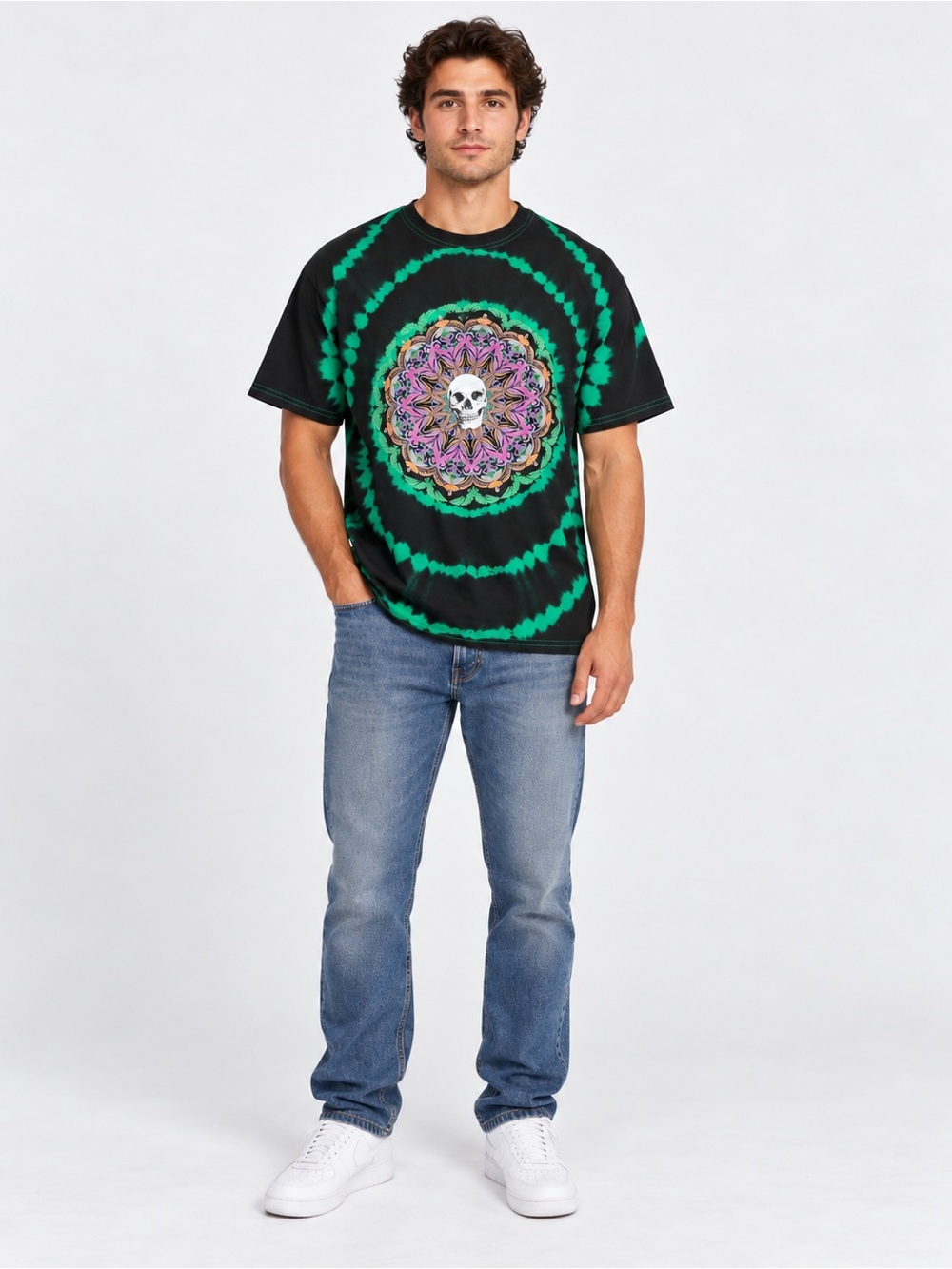 Urban Outfitters Oversized Black & Green Tie-Dye Skull Mandala Tee S/M